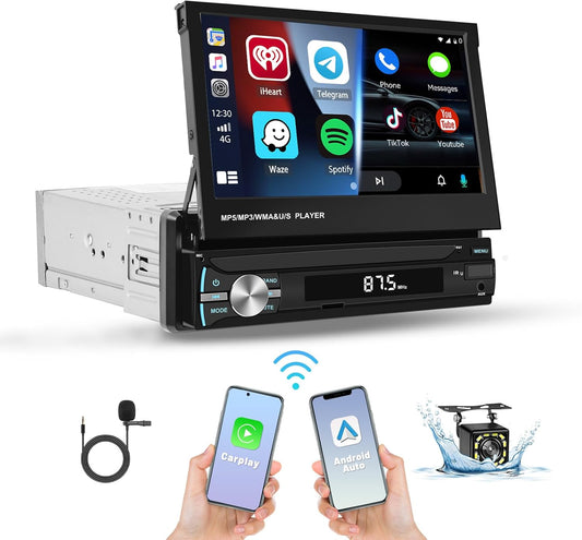 1 Din Autoradio – Autoradio Met Touchscreen – Auto Stereo – Multimedia Speler – Draadloze Carplay Android Auto – 7 Inch Handmatig Opvouwbaar Scherm – Inclusief Achteruitrijcamera Met Nachtzicht