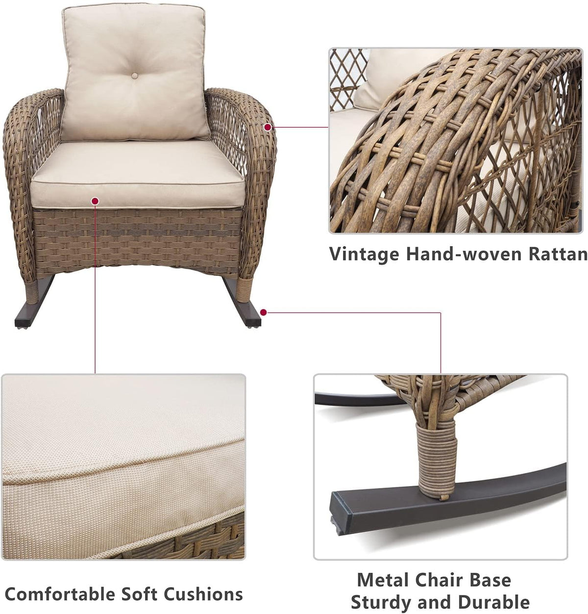 ATR ART TO REAL Tuin schommelstoel, outdoor rotan schommelstoel met all-weather handgeweven hars rieten, terras ontspannende lounge meubels met gepoedercoat metalen frame voor achtertuin, veranda