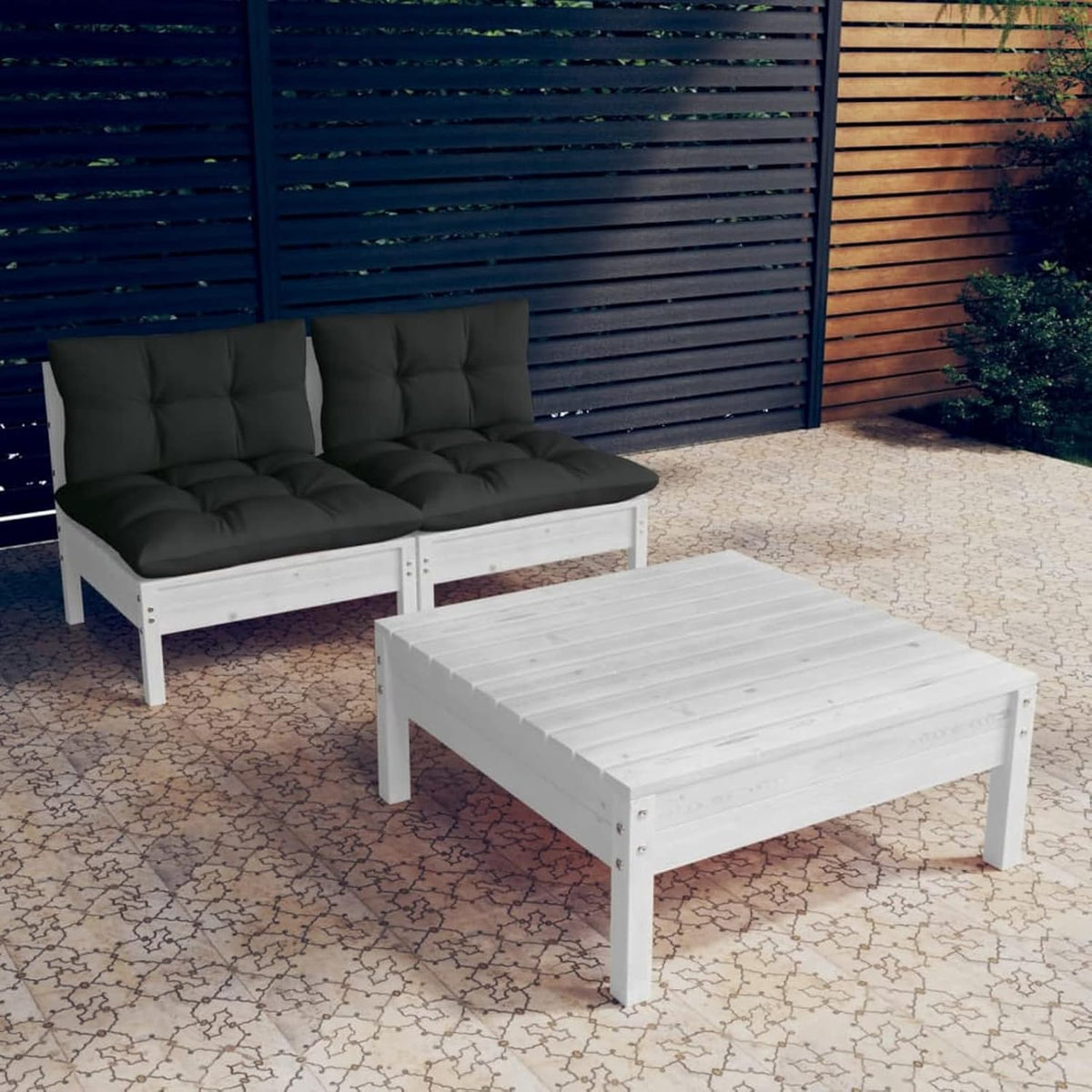 Gecheer Stoel voor buiten, terras, kruk, bank, tuinmeubelen, 3 stuks met kussens, antraciet, grenenhout, 1# palletbank, binnen, buiten, fauteuil, pallets, bank voor terras - QUORE