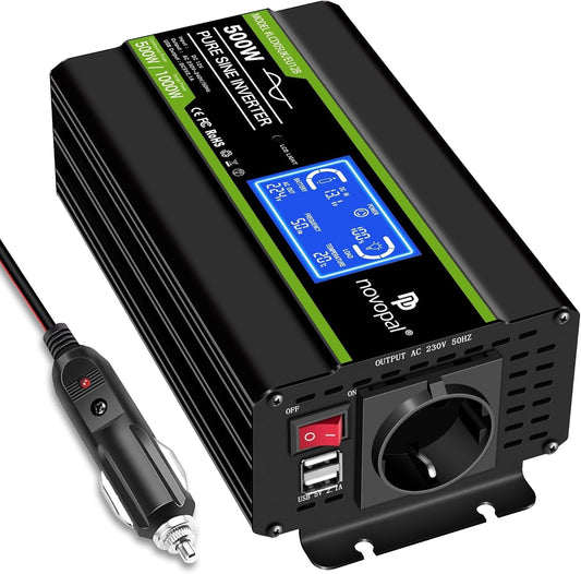 NOVOPAL 500 W omvormer 12 V naar 230 V 220 V zuivere sinus spanningsomvormer met intelligent LCD-scherm - EU-stekker met USB-uitgang