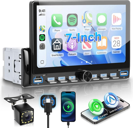 Autoradio, 1 Din pianotoetsen met draadloze Carplay Android auto, 7 inch IPS HD touchscreen, autoradio, ondersteuning bluetooth, FM-radio, USB/type-C, spiegellink, achteruitrijcamera