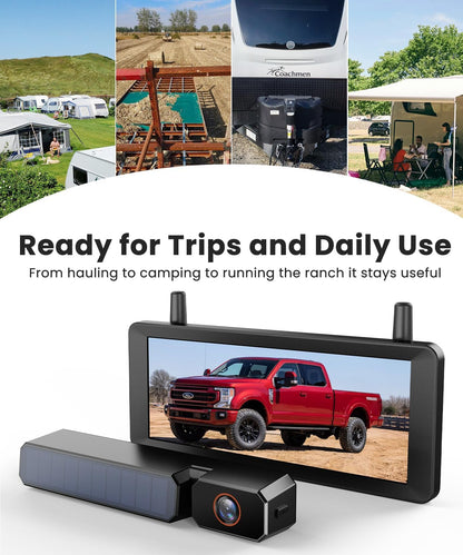 Draadloze achteruitrijcamera op zonne-energie: 2 minuten installatie 7,2 inch 1080p HD-monitor met DVR-opname, dubbele antenne, stabiel beeld, IP69K waterdicht, voor auto, vrachtwagen, caravan, camper