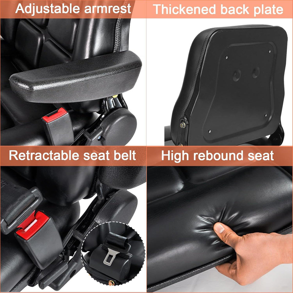 Universele verstelbare heftruck stoel met veiligheidsgordel en arm- en rugleuning, waterdichte pvc-maaierstoel, voor tractor graafmachines, vorkheftrucks en skid loader