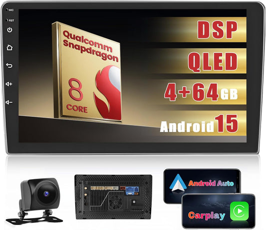 Inefala 8core 4+64GB Android 15 autoradio 2 Din ingebouwde Qualcomm Snapdragon-chip, draadloze CarPlay en Android Auto, 10" touchscreen radio met GPS, WiFi, Bluetooth RDS/FM, achteruitrijcamera en MIC