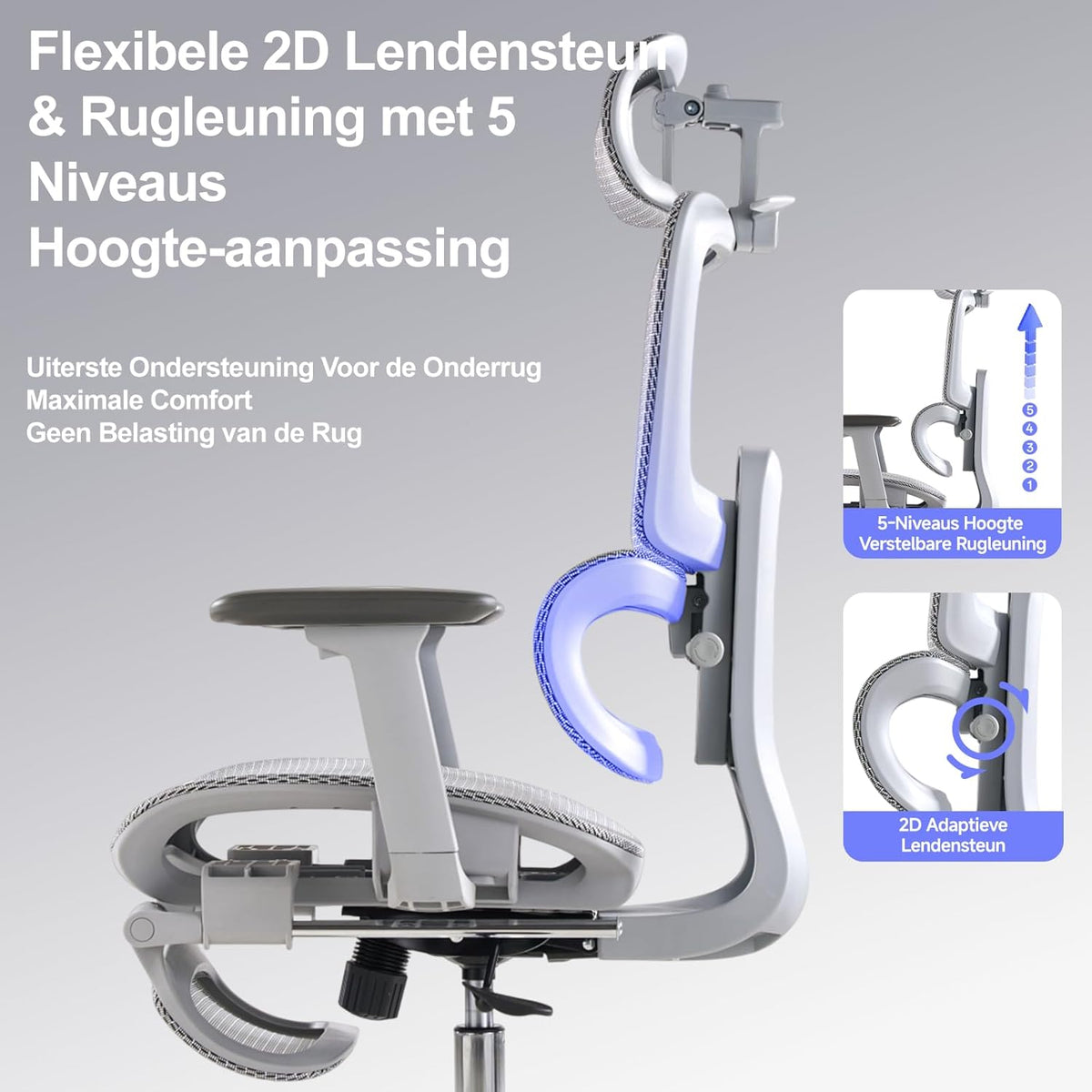 Ergonomische Bureaustoel met Voetensteun - 5-Zones Verstelbare Rugleuning, 2D Lendensteun, 3D Arm-/Hoofdsteun, 145° Kantelfunctie + Ademend Net voor Kantoor/Thuiswerk/Studie, Grijs