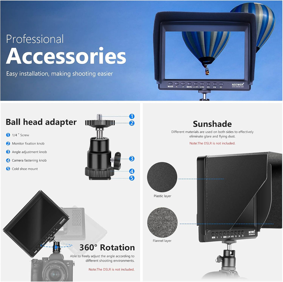 Neewer F100 7 inch camera Field Monitor Video Assist Slim IPS 1280 x 800 HDMI-ingang 1080p met parasol voor filmvideo-opname platform (batterij en adapter niet inbegrepen)