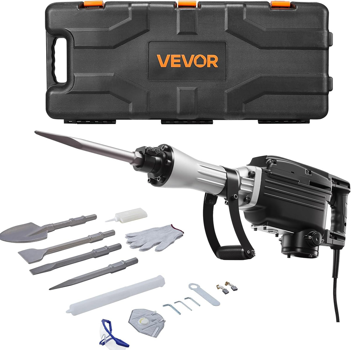 VEVOR Demolition Hammer, 2800 W, Electric Chisel 1200 BPM, Concrete Breaker with 3 Chisels, 1 Clay Shovel, Transport Case, Gloves, Goggles, for Chiseling, Construction, Destruction