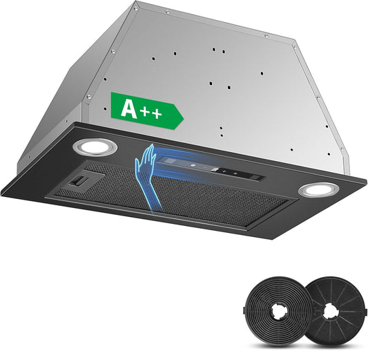 afzuigkap 52 cm, 400 m³/u, afzuigkap afvoer/recirculatie, zwarte inbouwafzuigkap, gebarenbediening, touch, 3 vermogensstanden en booster, met actieve koolfilter en rookpijp