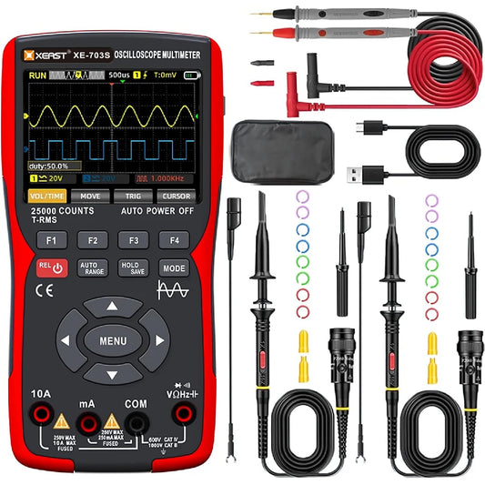 50MHz bandbreedte tweekanaals oscilloscoop, 25.000 tellingen digitale multimeter, DDS-signaalgenerator, 3,5 inch lcd-display 3-in-1 stroomtester, 280 MSa/s High Sampling professionele oscilloscoop (XE