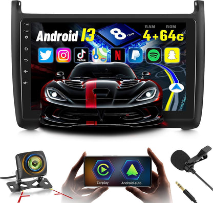 8 Core 4G+64G Android 13 Car Radio for VW Volkswagen Polo 2008-2020, Wireless Carplay & Android Auto 9 inch 2 Din Touchscreen Car Stereo with WIFI/GPS/Bluetooth 5.0/32 EQ DSP/FM RDS
