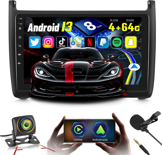 8 Core 4G+64G Android 13 Car Radio for VW Volkswagen Polo 2008-2020, Wireless Carplay & Android Auto 9 inch 2 Din Touchscreen Car Stereo with WIFI/GPS/Bluetooth 5.0/32 EQ DSP/FM RDS