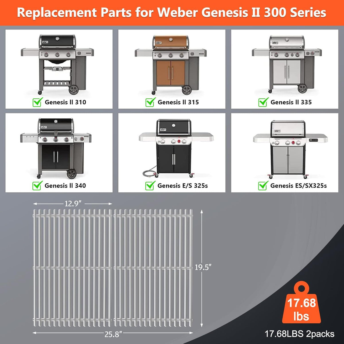 QuliMetal 47,6 cm 9,5 mm BBQ Grill Roosters voor Weber Genesis II Grill Onderdelen Voor Weber Genesis II LX 300 Series, Genesis II E&S 310 315 320 325 340 Onderdelen voor Weber 66095