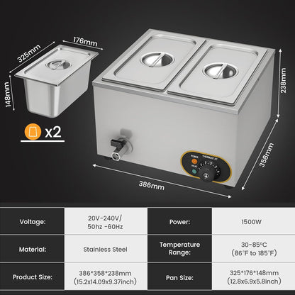 Bain Marie elektrische voedselwarmer, professioneel, roestvrij staal, 2 x 1/3 GN containers met deksel, temperatuur verstelbaar 30 °C - 85 °C, voor restaurants Les Cantine