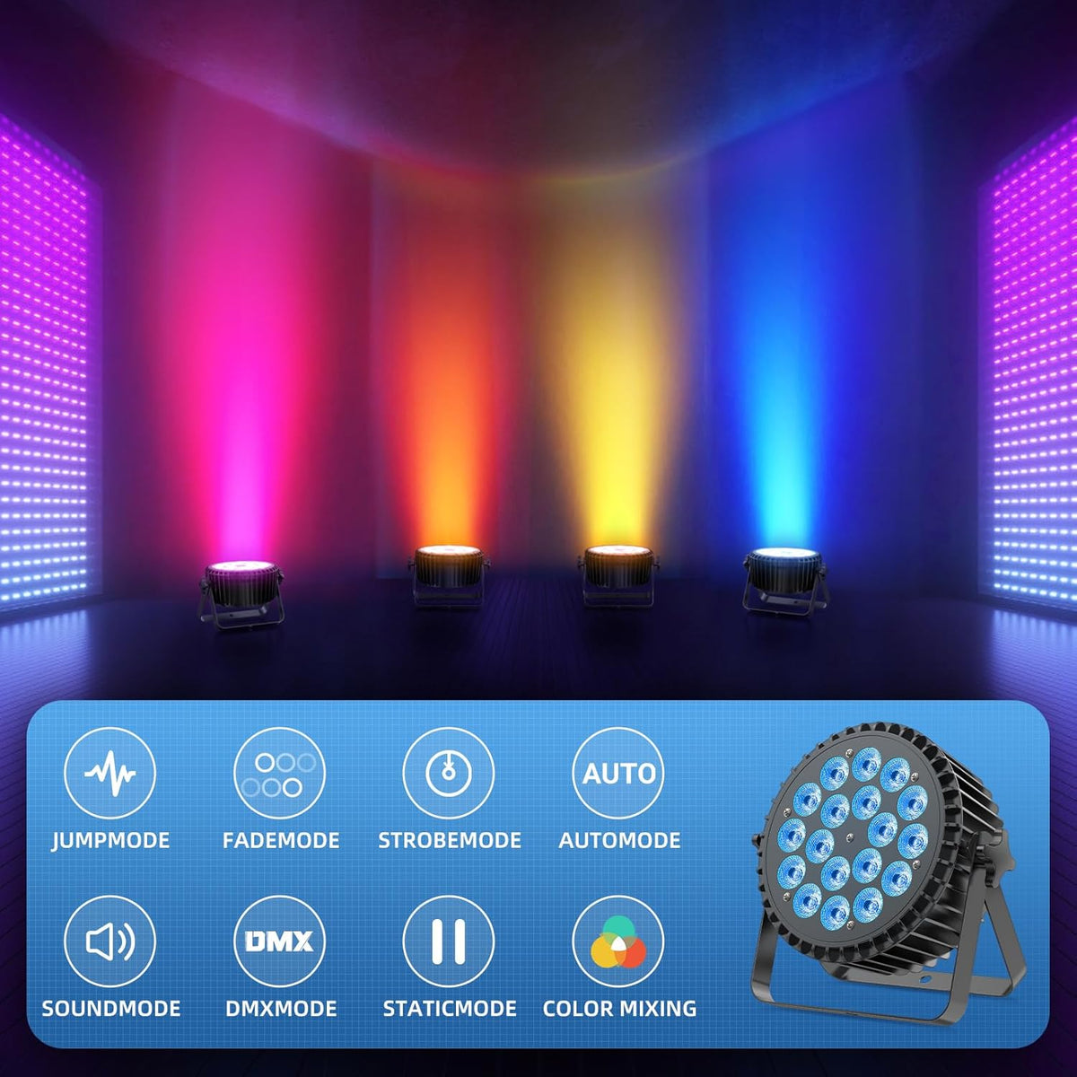 4pcs 6-in-1 LED Par 200W 18 LED Flood Light RGBWA+UV LED Flood Light DMX512 disco light 7/10CH Party Light 4 Control Modes Mode Lighting DJ Light Effect for - QUORE