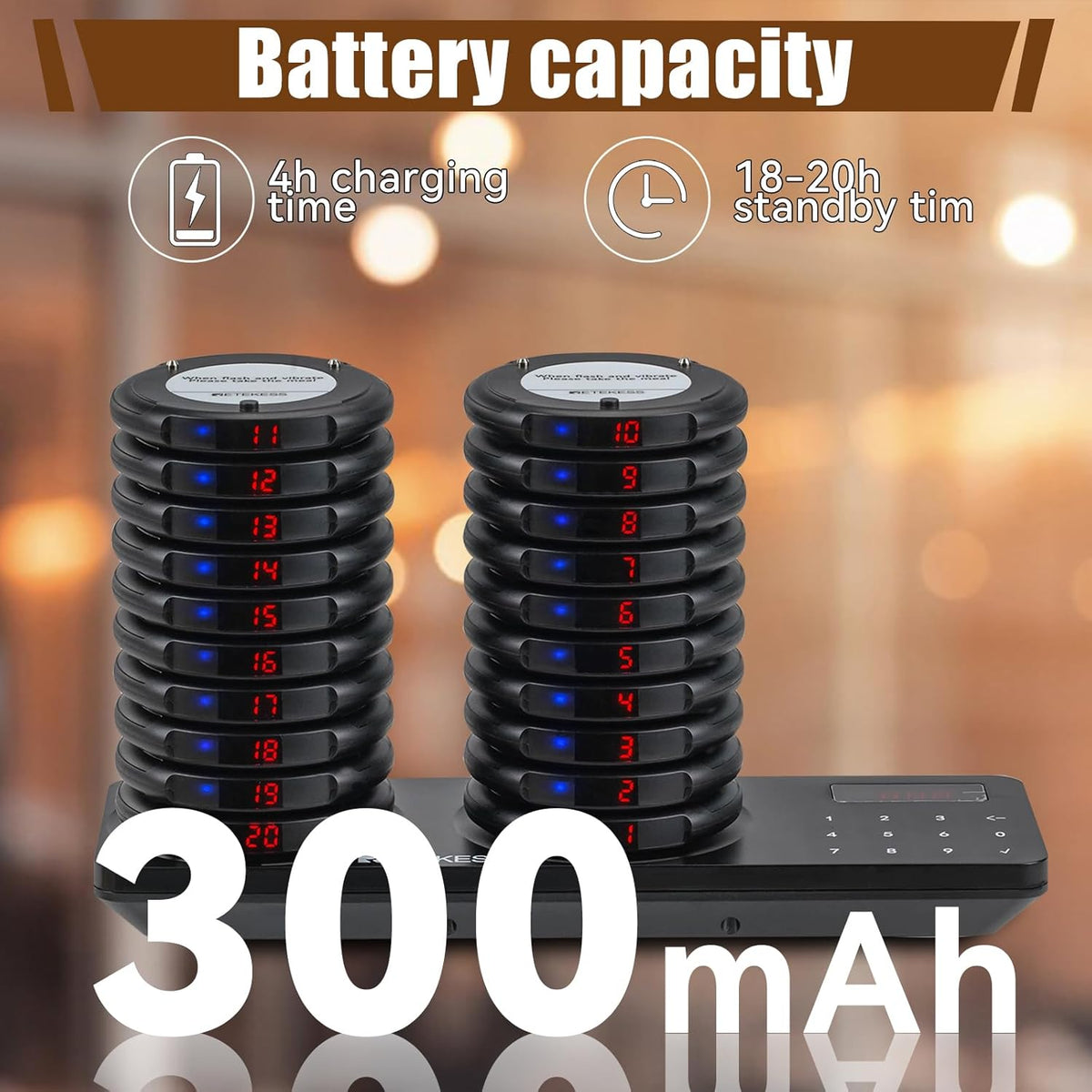 Retekess TD163 Oproepsysteem Restaurant, 20 Pagers, 400M, Blauw LED Licht, 31 Oproepmodi, 20H Standby, Touchscreen Toetsenbord, Semafoonsysteem voor Restaurant, Hotel, Bar