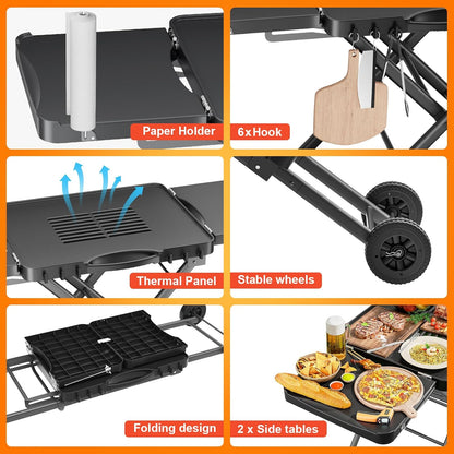 GFTIME Draagbare grillwagen voor Weber, Ninja, Ooni, Blackstone, Nexgrill, Traeger en de meeste draagbare barbecues en pizzaovens, outdoor grillwagen met wielen, zijtafels en houder voor papieren