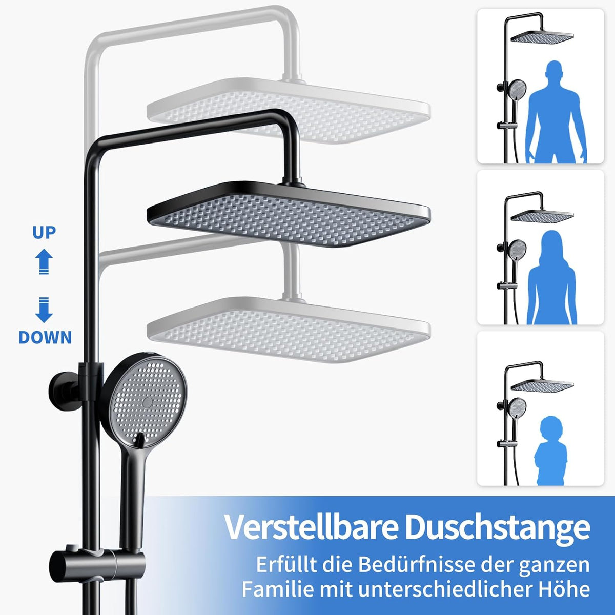 Douche Systeem – Thermostaatkraan – Regendouche – Handdouche – Douche Set – Matzwart – Constante Watertemperatuur 38°C – Verstelbare Draaibare Regendouche 360°