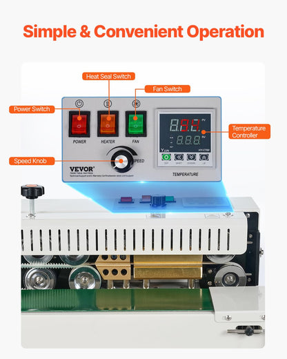 VEVOR Doorlopende zakbandsluitmachine, 6-12 mm afdichtingsbreedte, horizontale bandsealmachine met digitale temperatuurregeling, koolstofstalen zakverzegelaar voor 0,02-0,8 mm plastic zakkenfilms