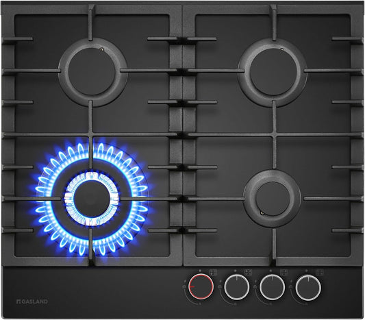 4-pits Gaskookplaat – Gasfornuis – Gasplaat – Kooktafel – Glazen Kookplaat – Messing Branders – Verlichte Knoppen – 8000W Vermogen