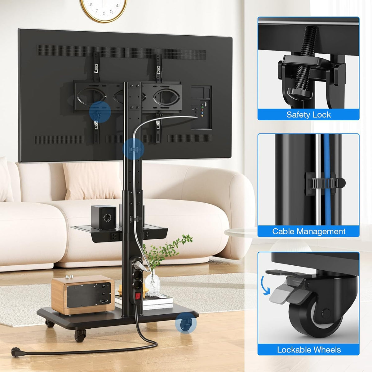 5Rcom Mobiele tv-standaard op wielen voor platte gebogen 32-55 inch tv's, draaibare rollende tv-standaard met houten basis, in hoogte verstelbaar met één plank Max VESA 400x400 mm tot 35 kg