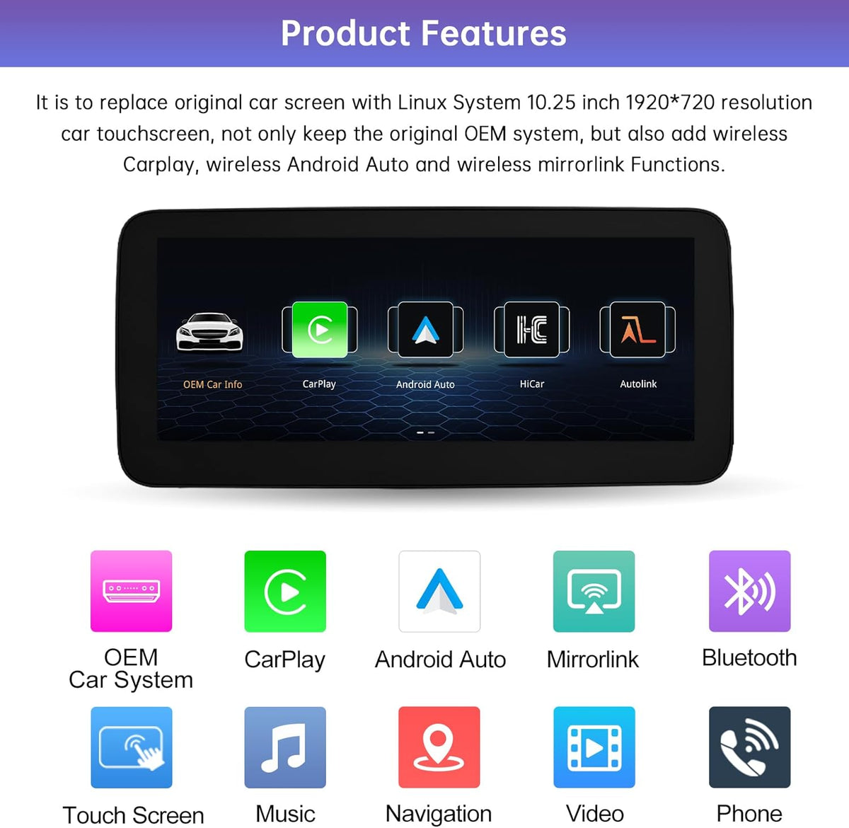 10,25 Inch Autoradio Touchscreen – Multimedia Display – Navigatiescherm – Infotainment Scherm – Auto Radio Upgrade – Draadloze CarPlay & Android Auto – Hoge Resolutie 1920x720