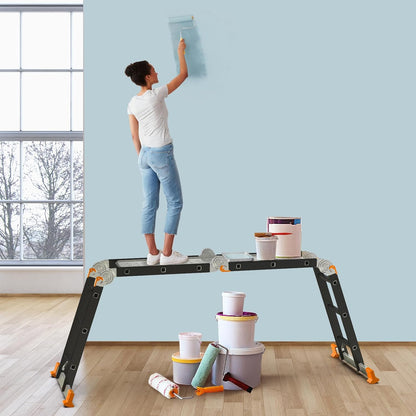 AMHANCIBLE Multifunctionele ladder, 3,4 m aluminium ladder, 4 x 3 treden, trapladder, huishoudladder, tot 150 kg, 12 treden, TÜV/GS-gecertificeerd, antislip, stabiel en robuust, Zwart Oranje EBAL01RN