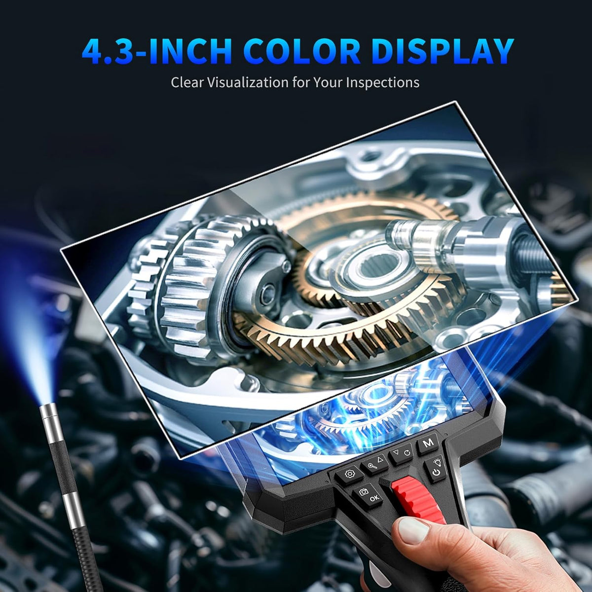 Y400 endoscoop met licht, Borescope inspectiecamera 4,3 inch LCD-scherm met 6 LED-verlichting, IP67 waterdichte endoscoop met 1,0 m semi-stijve slangcamera