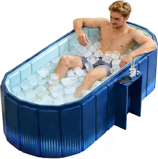 XUDREZ Draagbare badkuip voor volwassenen, opvouwbaar, staande badkuip met opbergplank, vrijstaande warme ijsbadkuipen, Japanse spa, sauna, inklapbaar, blauw, 1,5 m