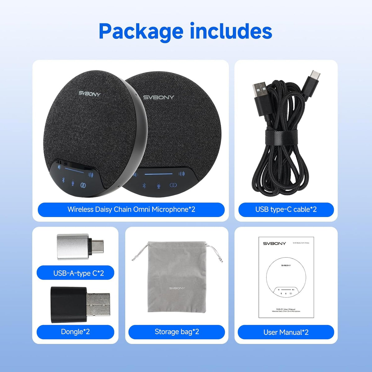 SVBONY SVN O1 Wireless Conference Speaker, AI Noise Cancellation, Wireless Cascading, 4 Microphones, 360° Full Duplex Speaker, Bluetooth 5.0 and USB Dongle for Large Meeting Rooms (2 Pack) - QUORE