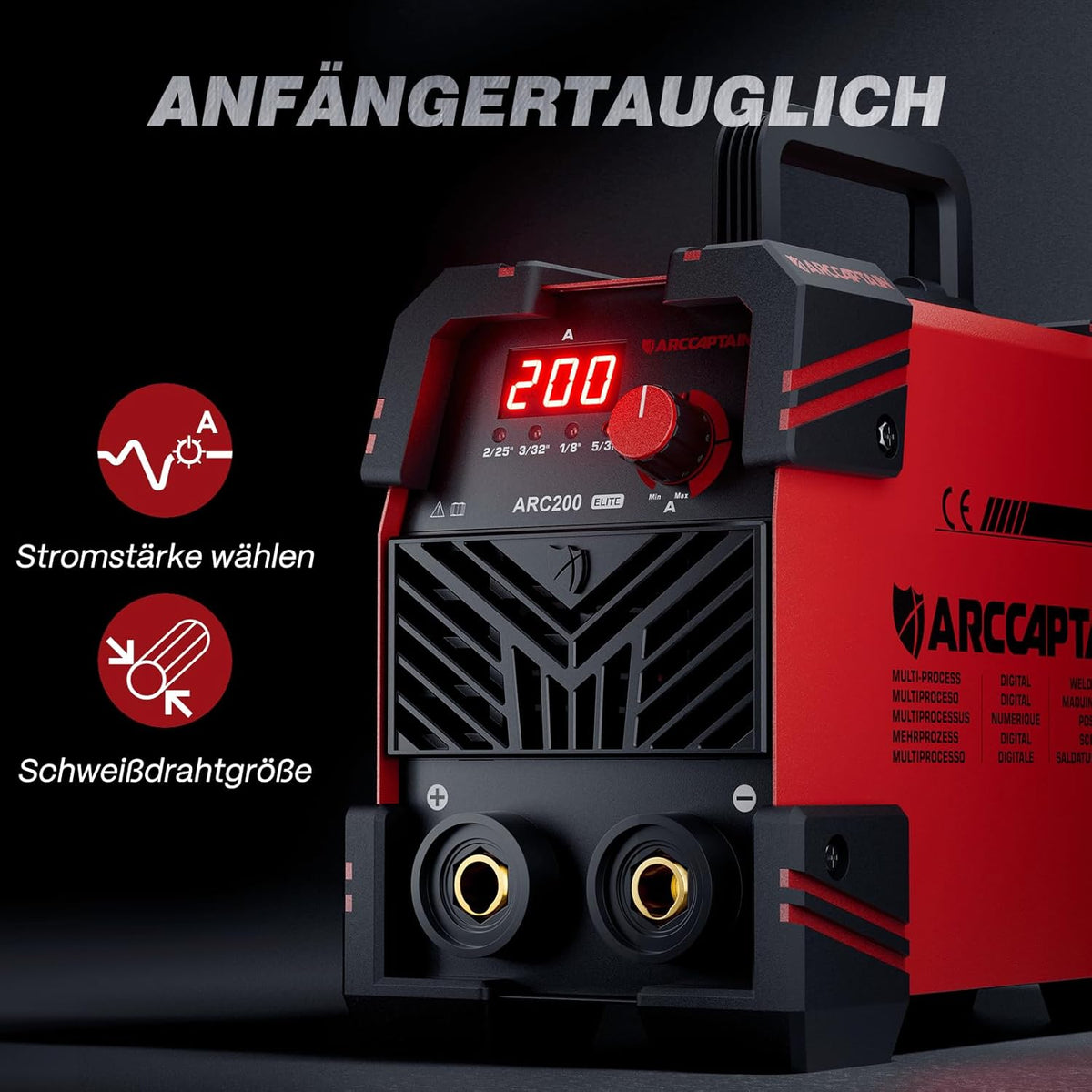 ARCCAPTAIN Elektrodenlasapparaat 200 A met groot led-display, inverter-lasapparaat ARC met en IGBT-inverter, draagbaar laserlasapparaat, 230 V met hete start, boogkracht