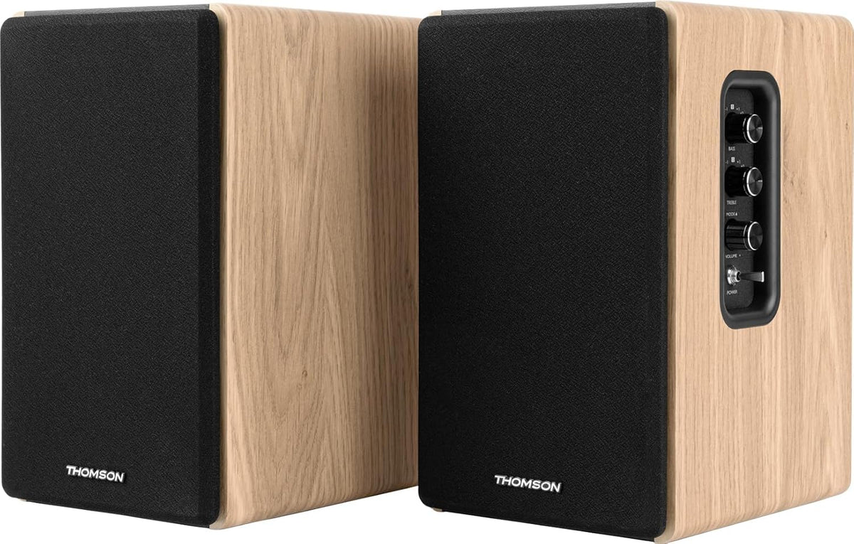 THOMSON Cosy WS902DUO Boekenkast, 150 W, stereo, Bluetooth 5.3, USB-weergave, afstandsbediening, aanbevolen voor smartphone, pc en platina vinyl, houtafwerking