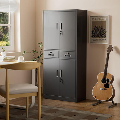 Filing Cabinet, Metal Cabinet with 2 Drawers, Bearing Cabinets, Powder Coated Steel Cabinet for Tools, Office, 180 x 80 x 40 cm (Black) - QUORE