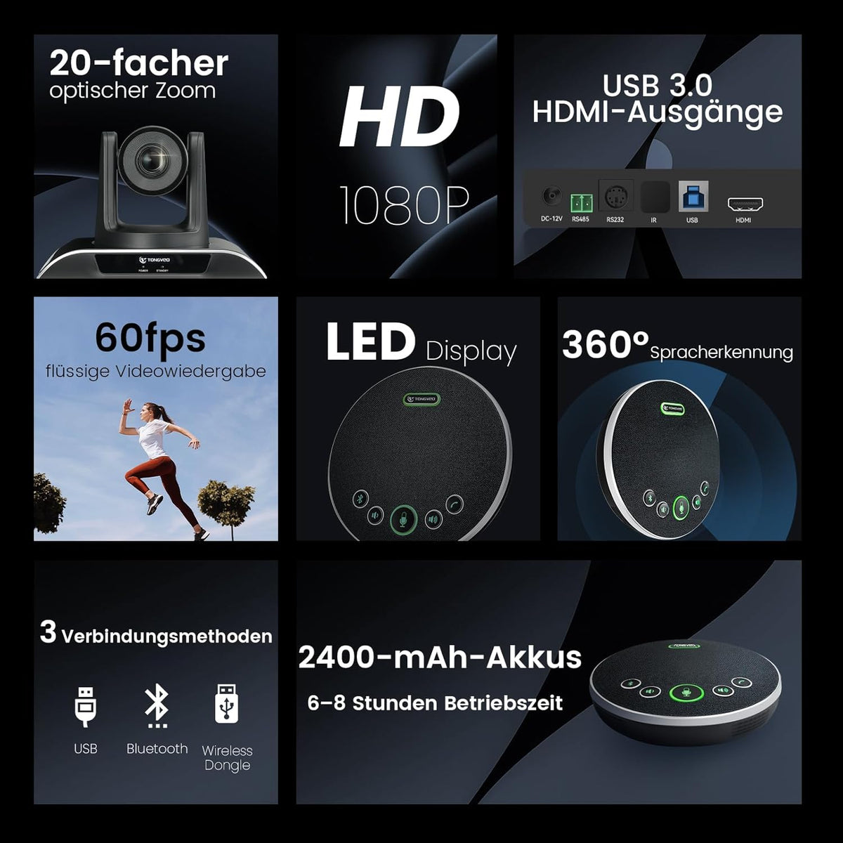 TONGVEO 20-voudige zoom conferentieruimte-camerasysteem, video- en audioconferentiesysteem, 20-voudige optische zoom, USB 3.0, HDMI PTZ-camera en conferentieluidspreker met microfoon voor grote