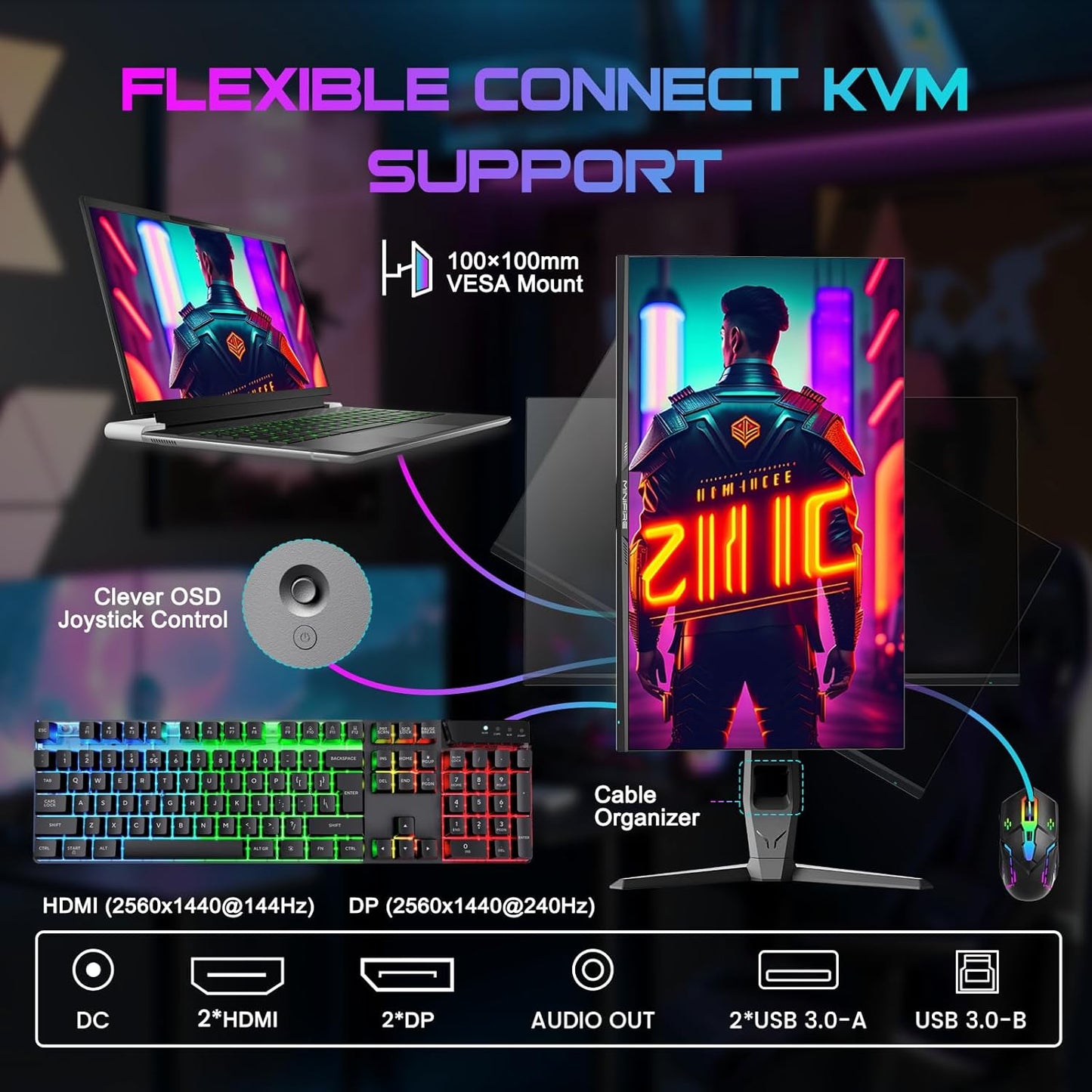 Minifire 27 gaming pc-monitor, 260 Hz, Fast IPS gaming-monitor, QHD 2K 2560 x 1440p, 1 ms, wit display, Freesync, 130% sRGB, HDR10, zwak blauw licht, VESA 100 x 100, 2 x DP1.4/2×HDMI 2.0 - zwart