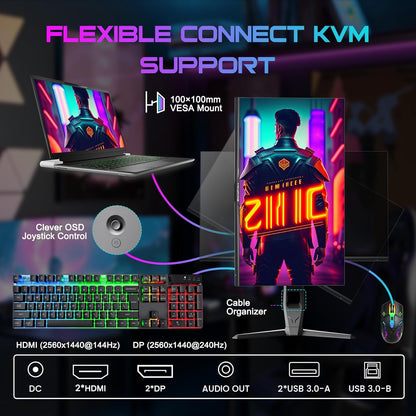 Minifire 27 gaming pc-monitor, 260 Hz, Fast IPS gaming-monitor, QHD 2K 2560 x 1440p, 1 ms, wit display, Freesync, 130% sRGB, HDR10, zwak blauw licht, VESA 100 x 100, 2 x DP1.4/2×HDMI 2.0 - zwart