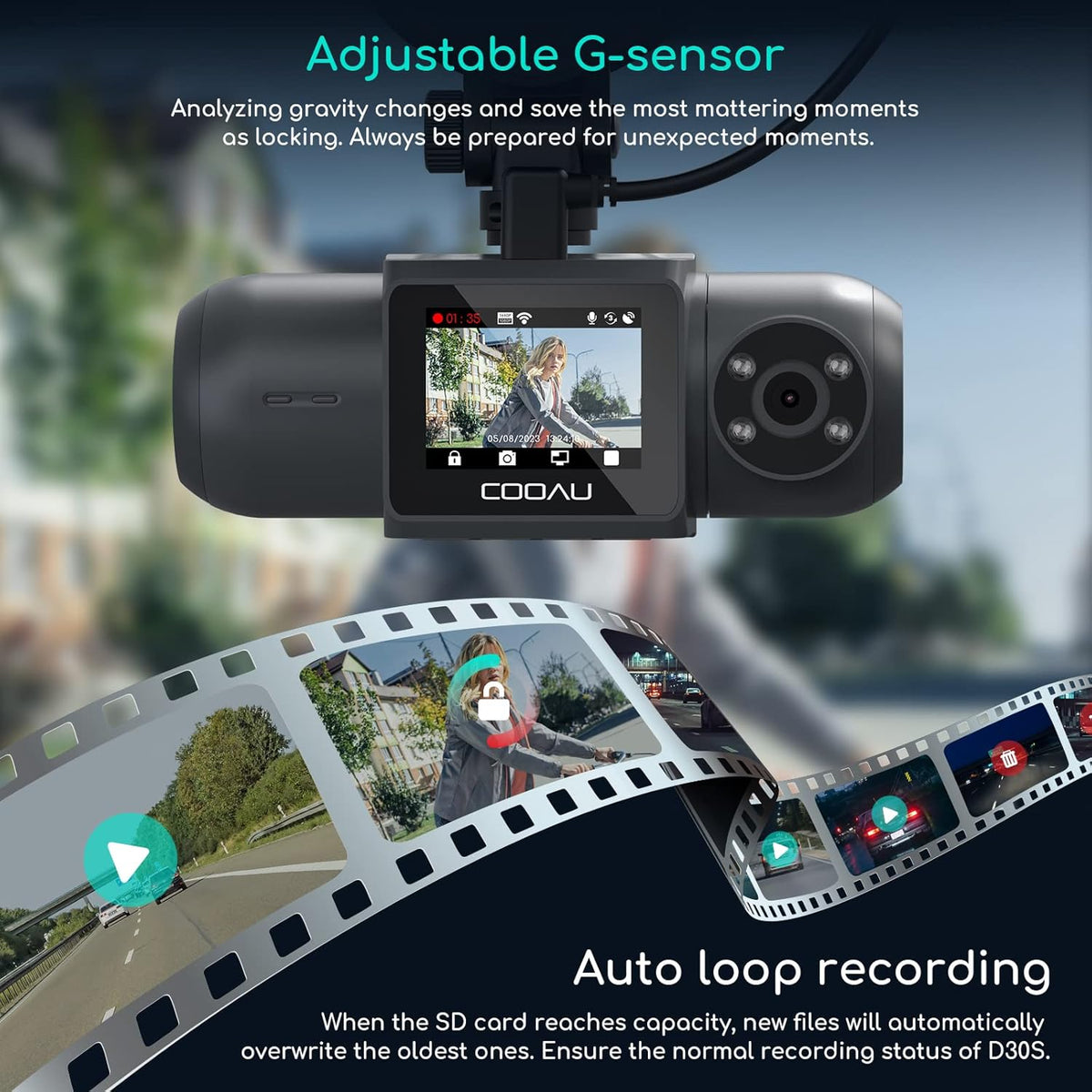 COOAU D30S 4K Dashcam met GPS Wi-Fi, voor- en binnenkant dubbele 2,5K 1080P Dashcam, Uber-autocamera met infrarood nachtzicht, supercondensator, 4 IR-LED's, G-sensor, parkeermodus, loop-opname