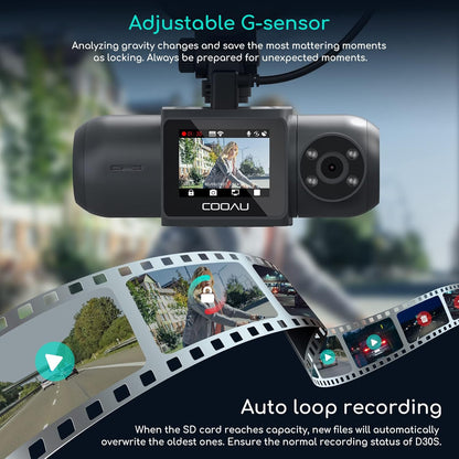 COOAU D30S 4K Dashcam met GPS Wi-Fi, voor- en binnenkant dubbele 2,5K 1080P Dashcam, Uber-autocamera met infrarood nachtzicht, supercondensator, 4 IR-LED's, G-sensor, parkeermodus, loop-opname