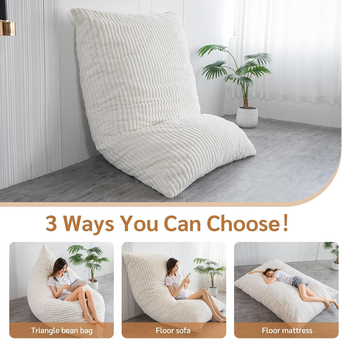 MAXYOYO Huge Bean Bag Bed, Square Bean Bag Chair, Large Faux Fur Sofa and Fluffy Filling for Adults Couples Guests (Corduroy Beige,135x190cm)