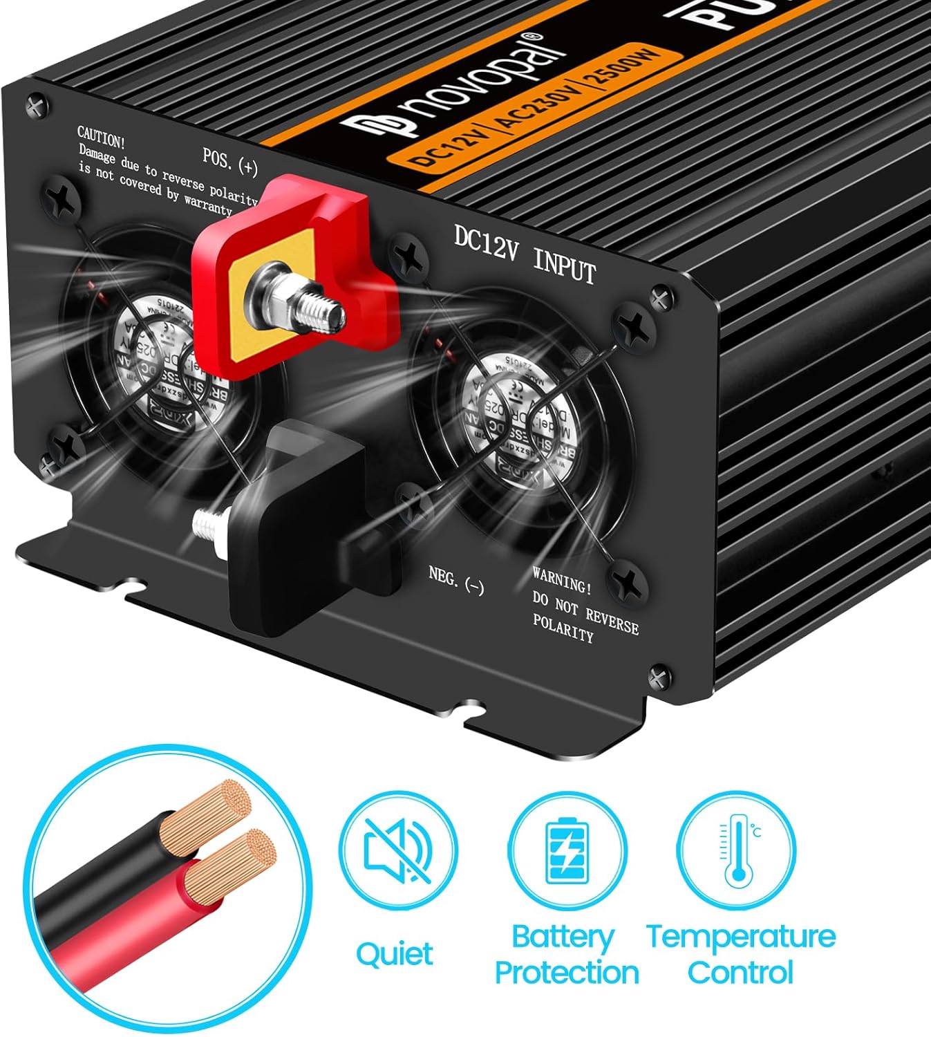 Novopal -2500 W 5000 W omvormer zuivere sinusgolf, stroomomvormer - DC 12 V in AC 220 V 230 V 240 V spanningsomvormer - 2 EU stopcontact met USB-uitgang 5 meter afstandsbediening