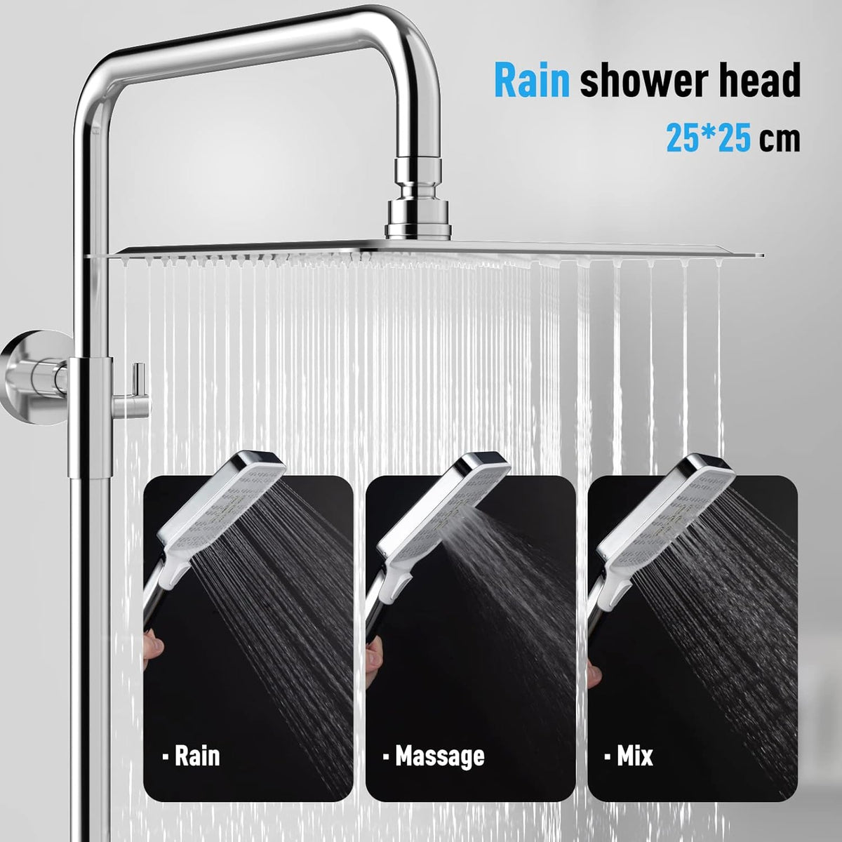 Doucheset – Douchekop – Regendouche – Douchesysteem – Thermostaatkraan – Vierkante Regendouche 25x25 cm – Roestvrijstalen Douchestang Verstelbaar 92-126 cm