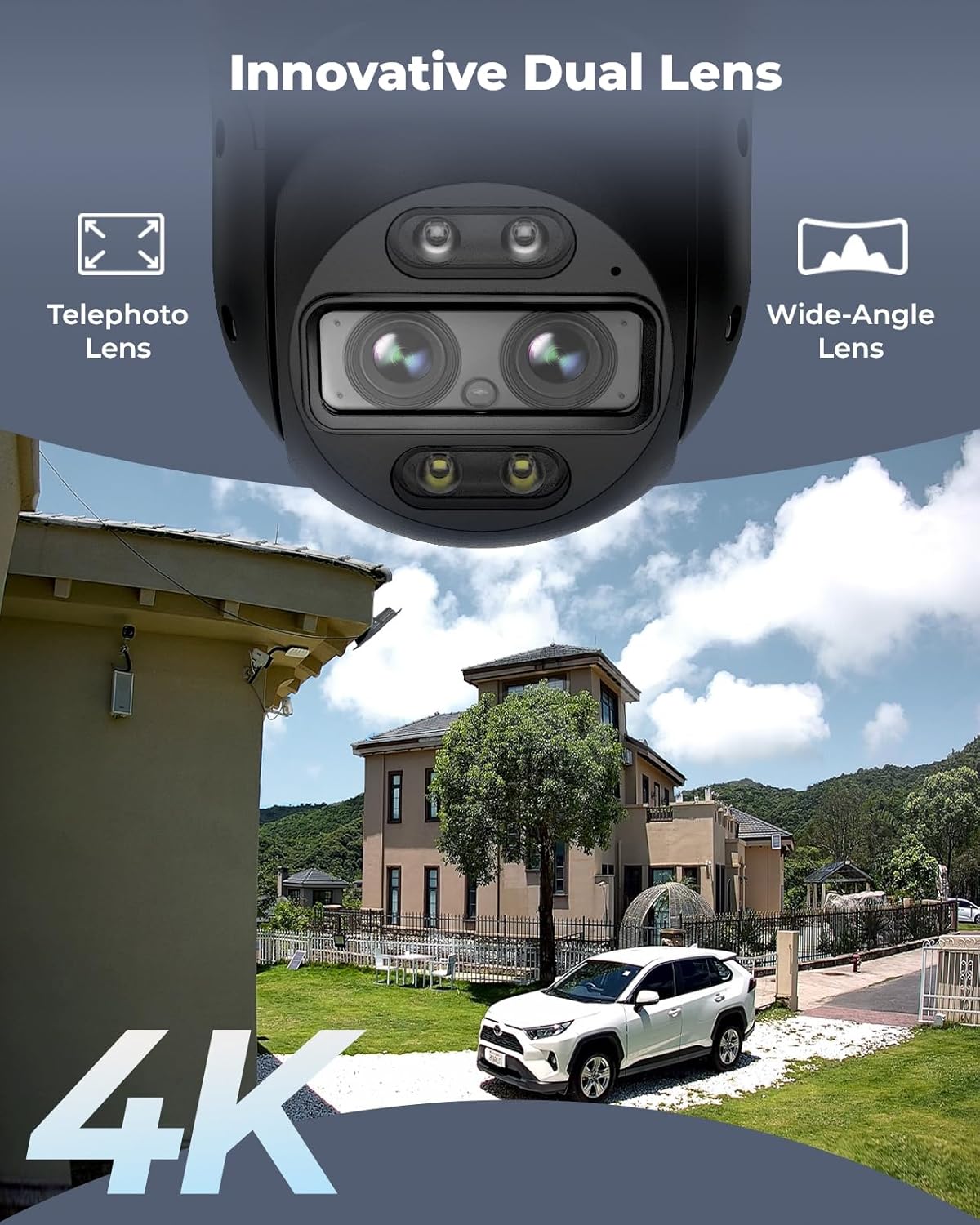 Beveiligingscamera - WiFi-beveiligingscamera - Camerabewaking - 4K Wi-Fi 6 - voor Buiten - met Dubbele Lens - 6X Hybride Zoom - 360° Zicht - Detectie van Personen - Voertuigen - Dieren - Automatisch Volgen - Kleurennachtzicht - Grijs