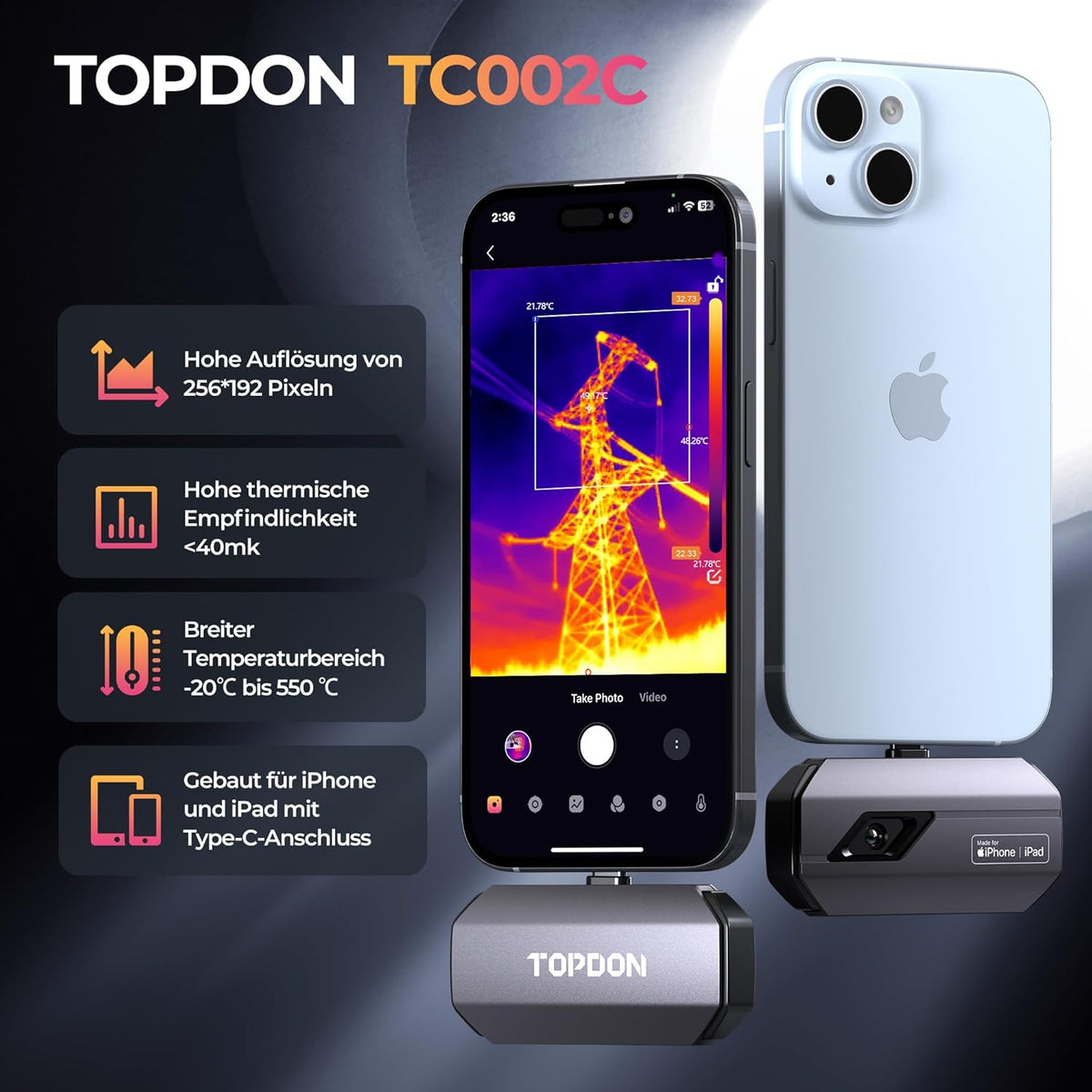 TOPDON Warmtebeeldcamera TC002C, iPhone15/16-serie, 512 x 384 superresolutie 256 x 192 IR-resolutie, temperatuurbereik -20 tot 550 °C, 25 Hz, 40 mK gevoeligheid, infraroodcamera iOS Type C-apparaten