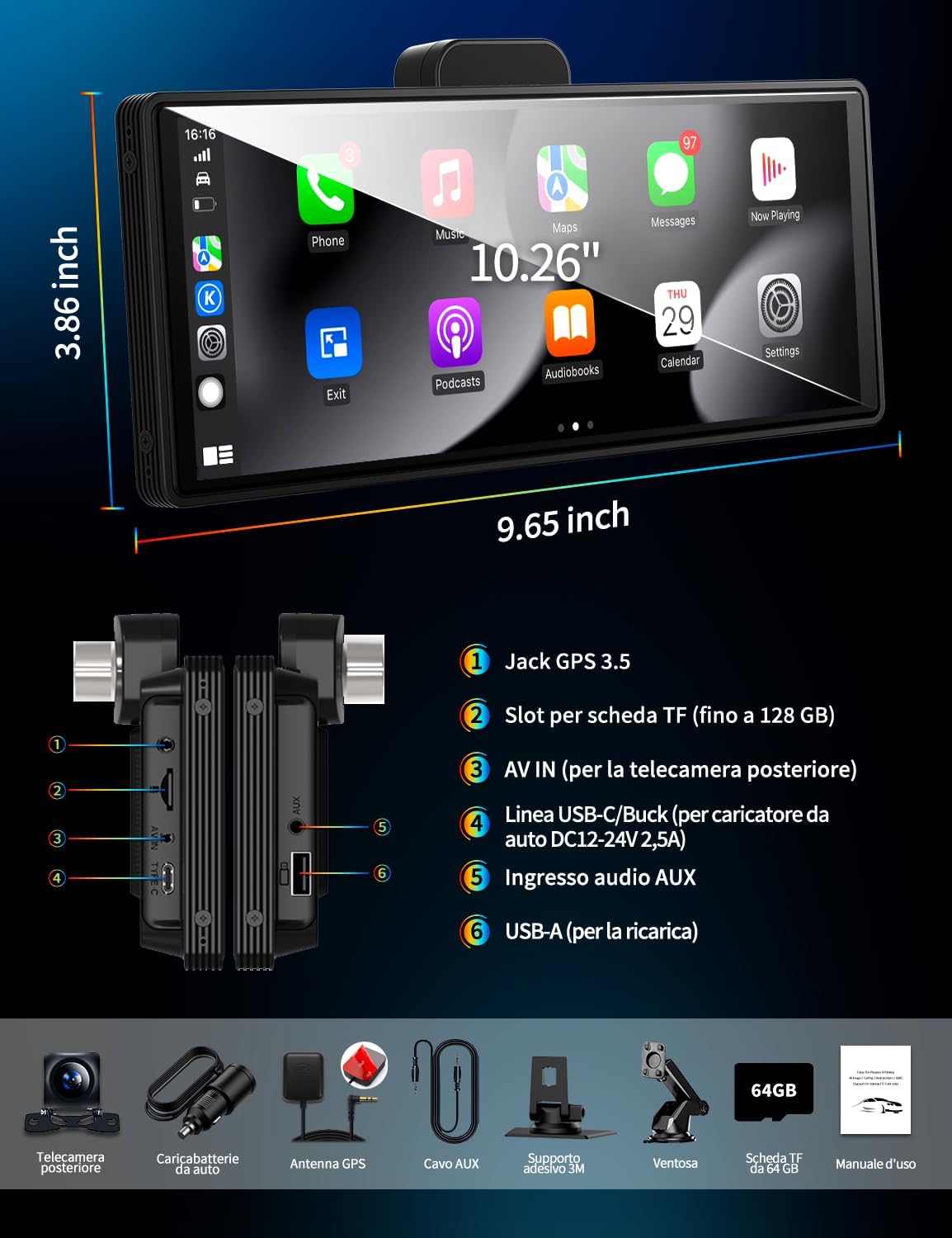 10,26 inch Carplay Display met 4K dashcam auto voor, 1080p achteruitrijcamera, draadloze Carplay Android Auto, Mirror Link, navigatie, Google, Siri, FM, AUX, Loop Recording, 64G SD-kaart