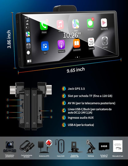 10,26 inch Carplay Display met 4K dashcam auto voor, 1080p achteruitrijcamera, draadloze Carplay Android Auto, Mirror Link, navigatie, Google, Siri, FM, AUX, Loop Recording, 64G SD-kaart