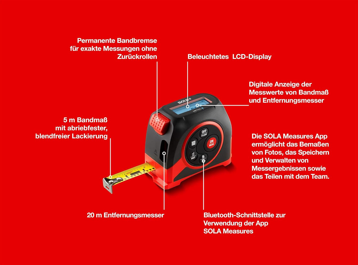 SOLA Metec – 2 in 1: digitaal meetlint (5 m) en afstandsmeter (20 m) – rolbandmaat digitaal met lcd-display en 7 meetfuncties – overdracht van de meetwaarden naar smartphone-app