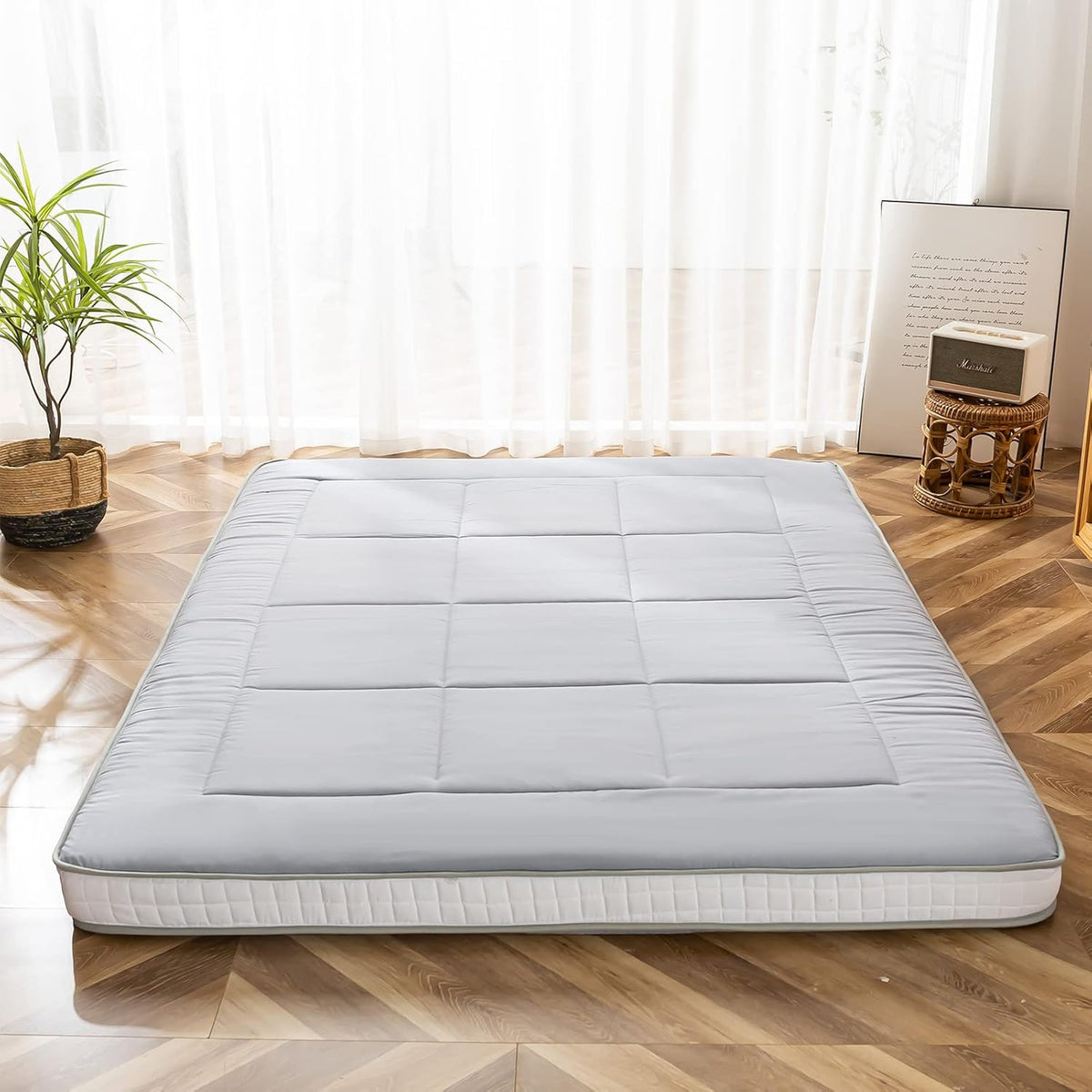MAXYOYO Futonmatras, gewatteerd Japans vloermatras, gewatteerde matrasoplegger, extra dik, opvouwbaar, ademend, vloerligbed, logeerbed, voor campingbank, grijs, 90 x 190 cm