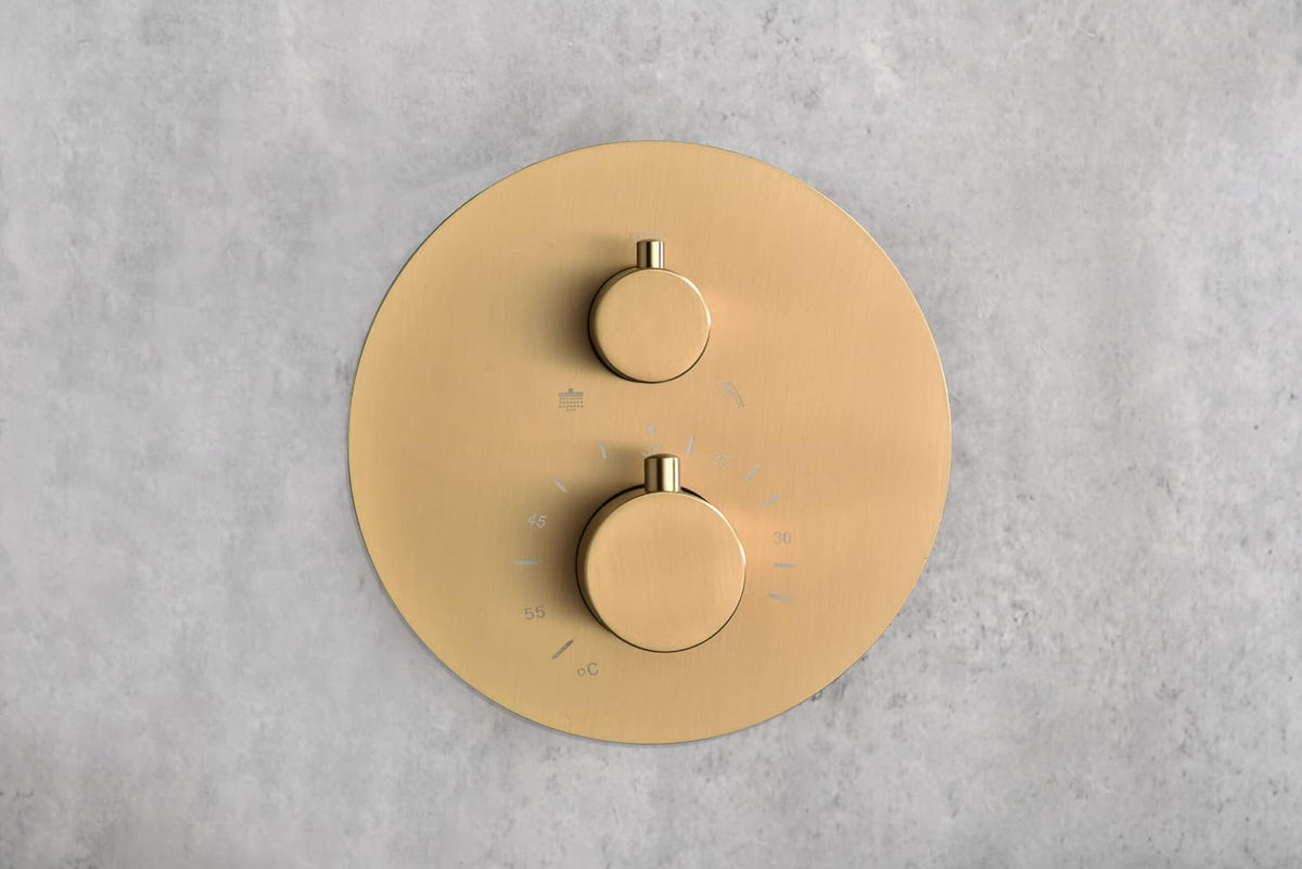 Thermostatische Inbouwdoucheset – Regendouche – Handdouche – Douchekraan – Douchegarnituur – Geborsteld Goud – 25 cm Ronde Douchekop – Zelfreinigend Thermostatisch Systeem
