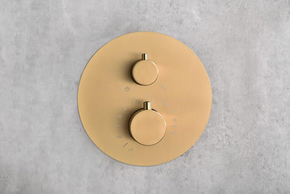 Thermostatische Inbouwdoucheset – Regendouche – Handdouche – Douchekraan – Douchegarnituur – Geborsteld Goud – 25 cm Ronde Douchekop – Zelfreinigend Thermostatisch Systeem