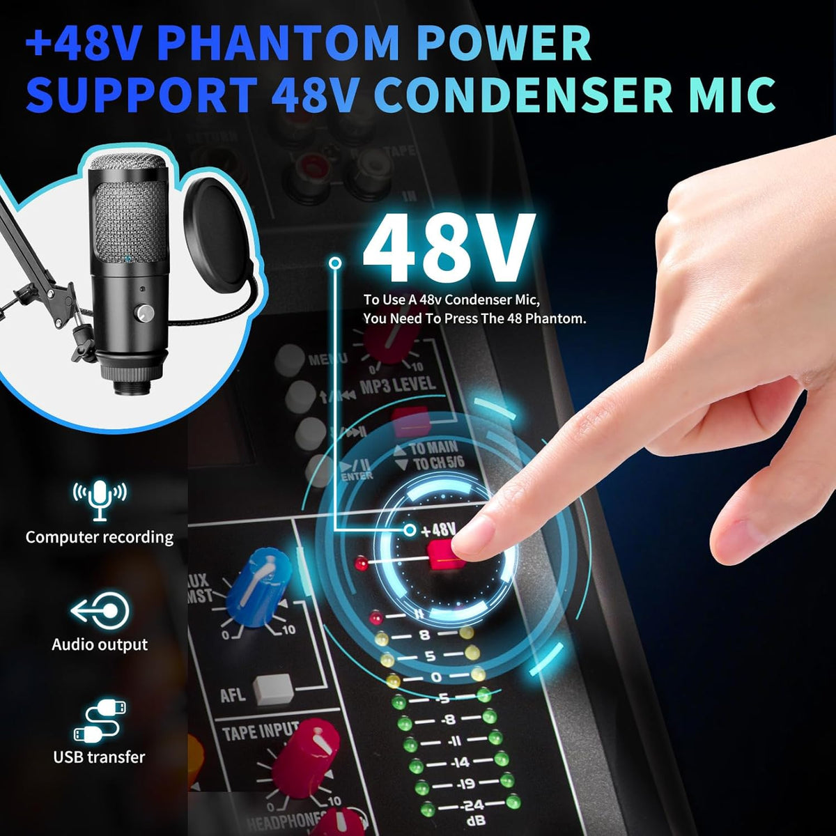 Bluetooth USB audiomixer – Mengpaneel – Mengtafel – Soundboard – DJ mixer – 8-kanaals zwart – Bluetooth streaming – 48V fantoomvoeding