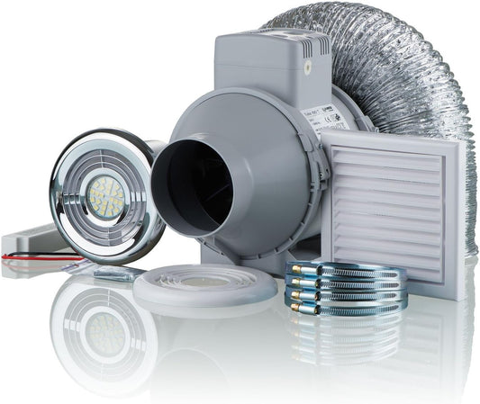 Turbo Ventilatorkit 100 mm met timer en LED-licht voor badkamer en douche